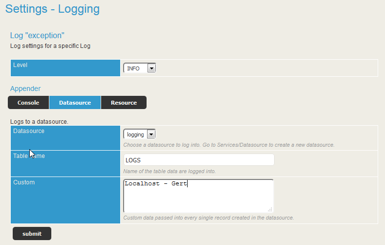 Configuring the datasource appender